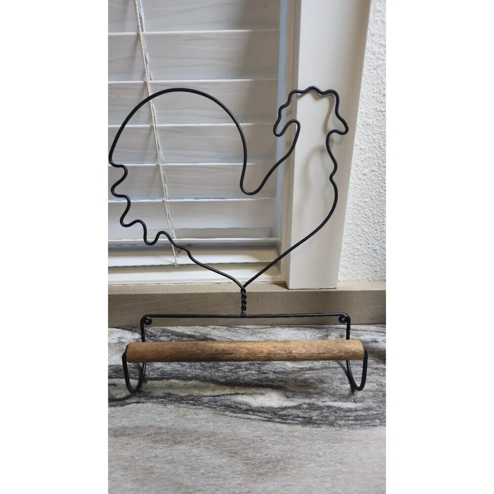 Country Rooster Metal Paper Towel Holder Black Wire Wood Farmhouse Kitchen